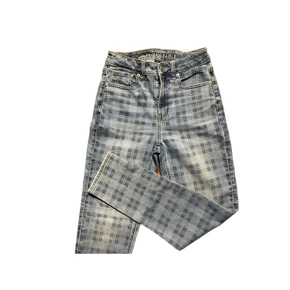 American Eagle Jeans Women Size 00R Blue Medium Wash Plaid Print Stretch 90s Y2K - Picture 8 of 16